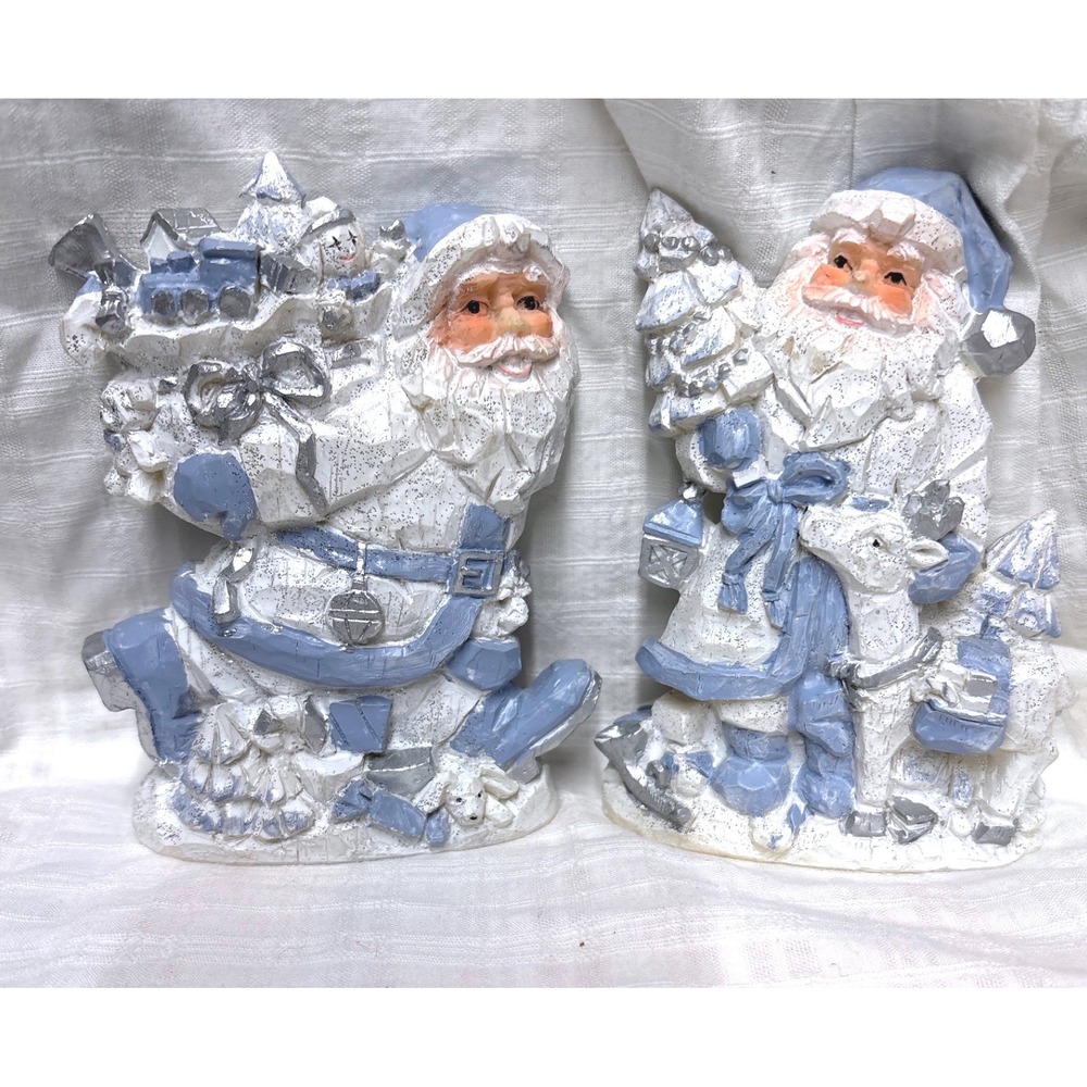 Blue and White Santa Claus Figurines Set of 2 Glitter Resin Christmas Decor
